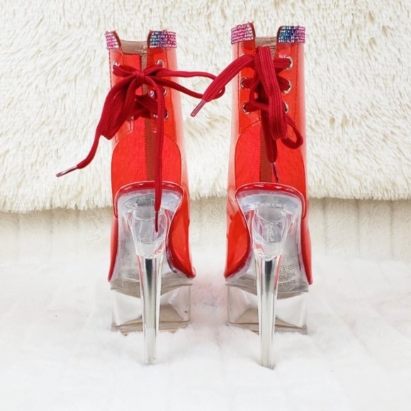 Clear Red Platform Heels With Rhinestone Trim - Picture 3 of 6